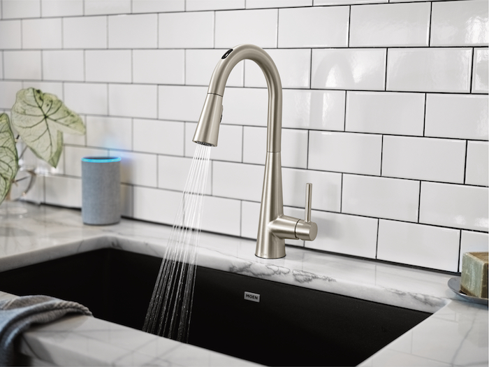The U by Moen Smart Faucet, Iot, interconnectivity, kitchen and bath, #kbis2020, plumbing, Moen faucets, Sleek faucet, smart faucets